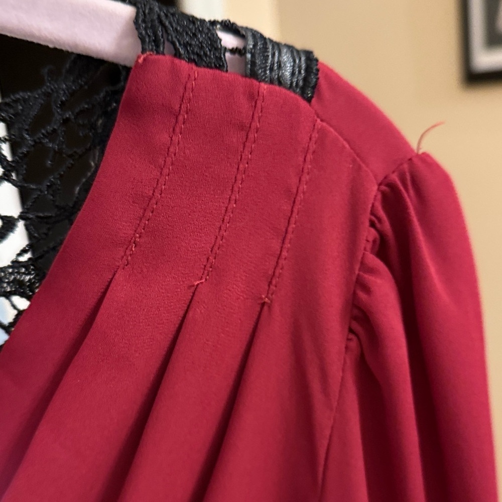 VENUS Deep Red Blouse with Black Lace Accent - Picture 5 of 6